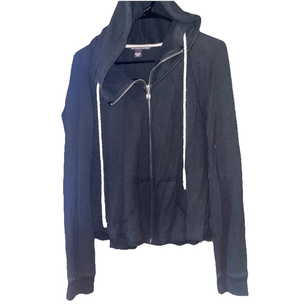 Victorias Secret Angel Black Zip Up Hooded Jacket With Fringe Bottom Sz M Black